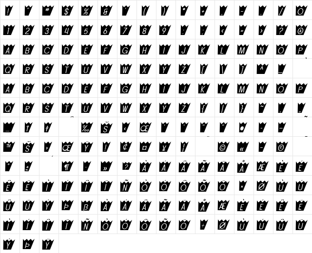 SF Buttacup Oblique  glyph index