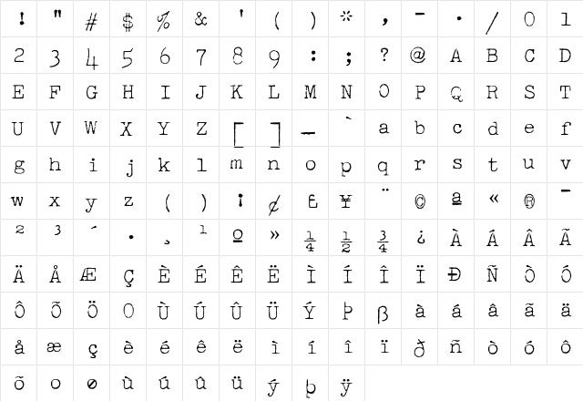 VTypewriter Regular  glyph index