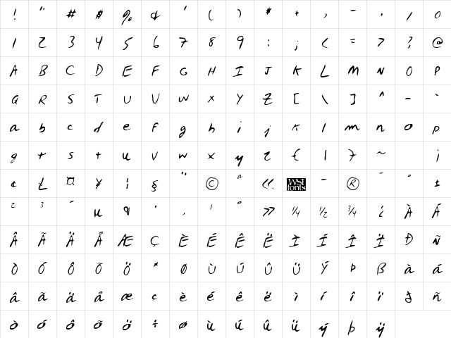 BerrysHand Regular  glyph index