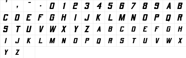 Quarterback Oblique  glyph index