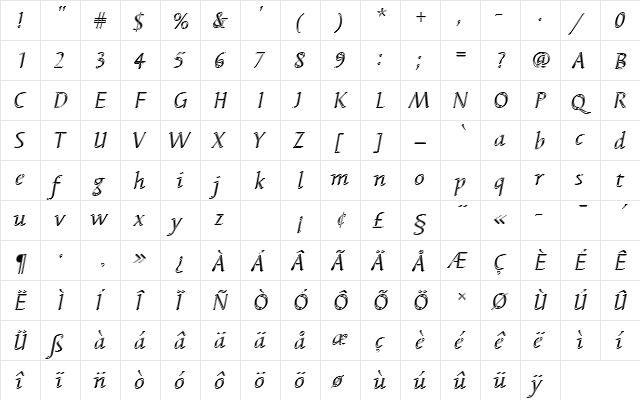 BarbedorTRegItaIn1 Regular  glyph index
