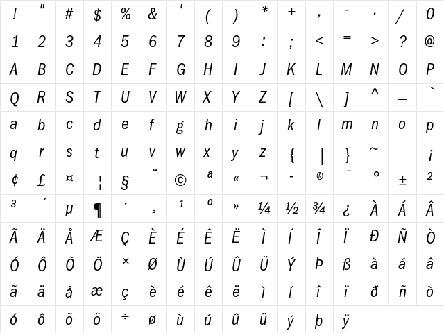 ITC Franklin Gothic Std Book Condensed Italic  glyph index