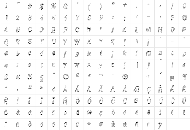 ThomasBeckerOutline Italic  glyph index