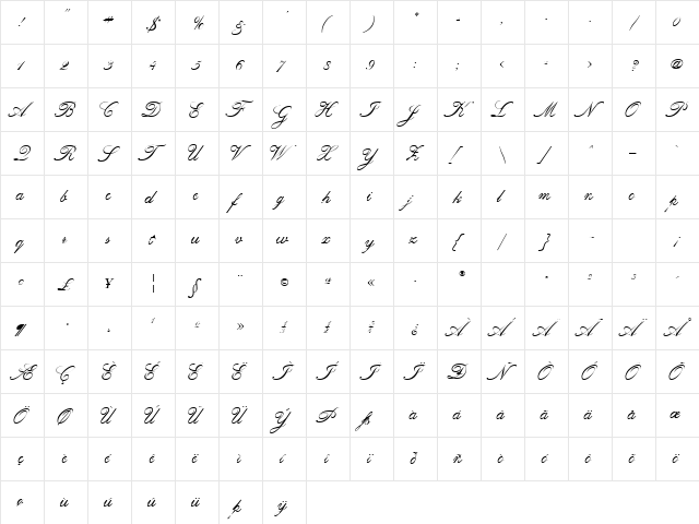 Hampton Script Regular  glyph index