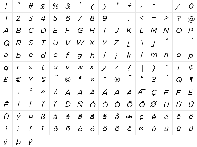 Gotham Book Italic  glyph index