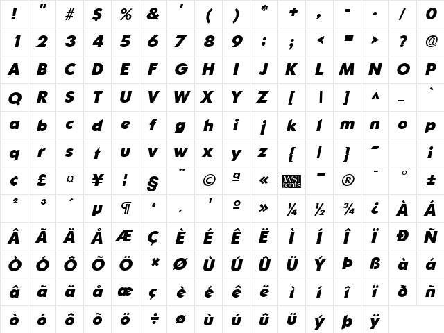 SharnayHeavy Italic  glyph index