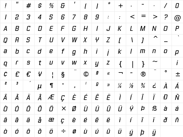 Gasoline Sans BTN Oblique  glyph index