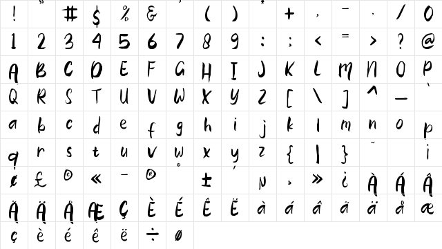 The Zackly Regular  glyph index