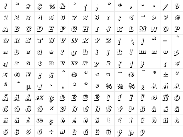 TypewriterSh BoldItalic  glyph index