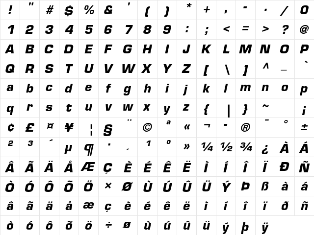 Eurostile LT Std Bold Oblique  glyph index