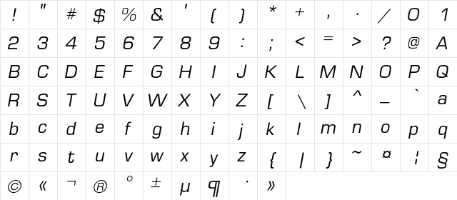 Europe Italic  glyph index