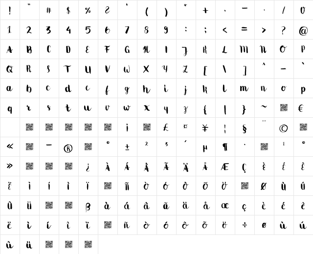 MovusBrushPen Regular  glyph index