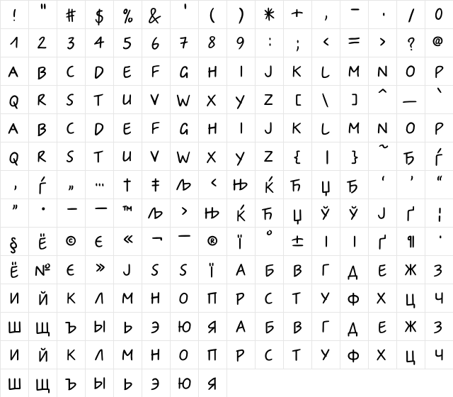 IrinaC Regular  glyph index