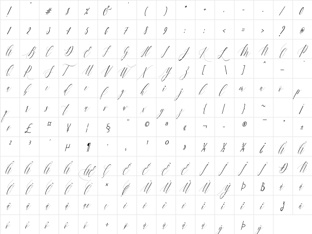 Charlotte Calligraphy Slant Regular  glyph index