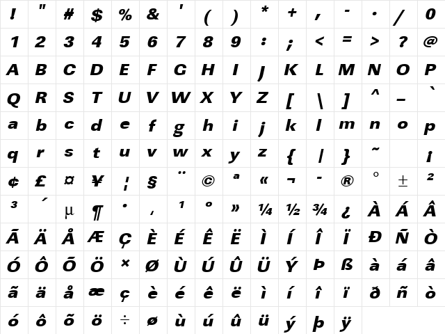 URWLinearTUltBolWid Oblique  glyph index