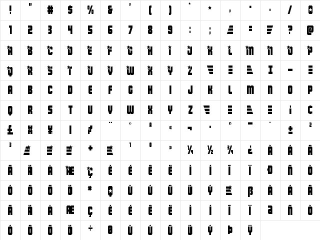 Army Rangers Condensed Condensed  glyph index