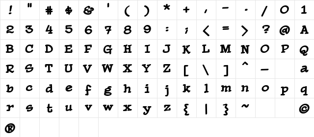 PaperBoy BB Regular  glyph index