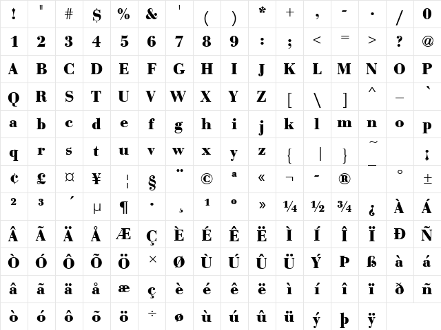 EuroBodT Bold  glyph index
