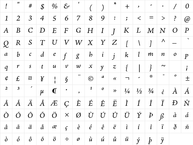 Adobe Jenson Pro Italic Caption  glyph index