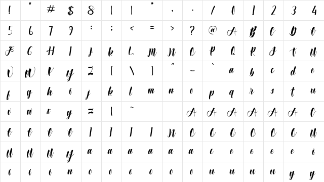 Wonderfull Bali Regular  glyph index