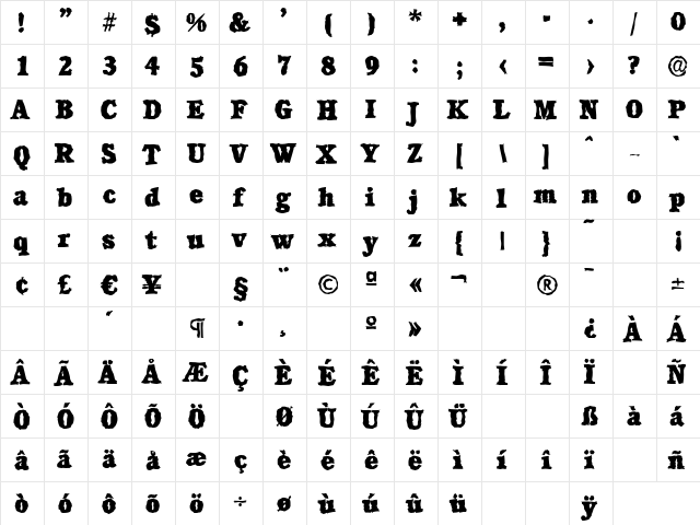 CalgaryRandom-Heavy Regular  glyph index