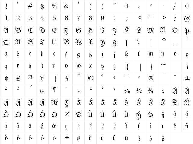 Fraktur Regular  glyph index