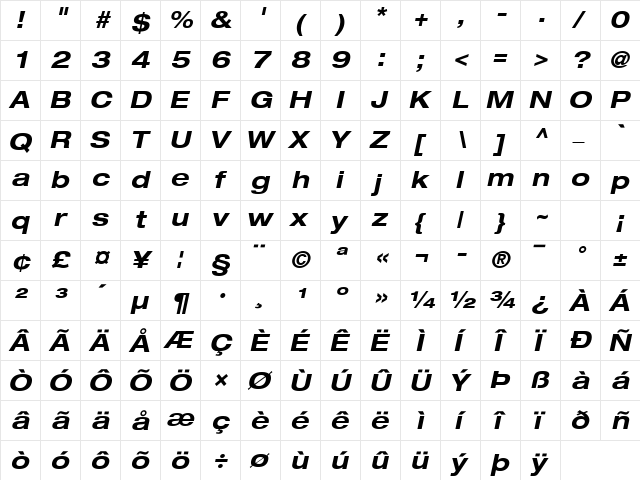 Helvetica Neue LT Com 73 Bold Extended Oblique  glyph index