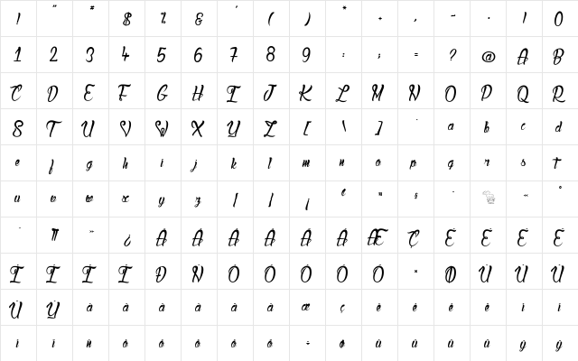 Lady Bohemia 2 Regular  glyph index
