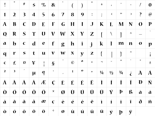 Nueva Std Bold  glyph index