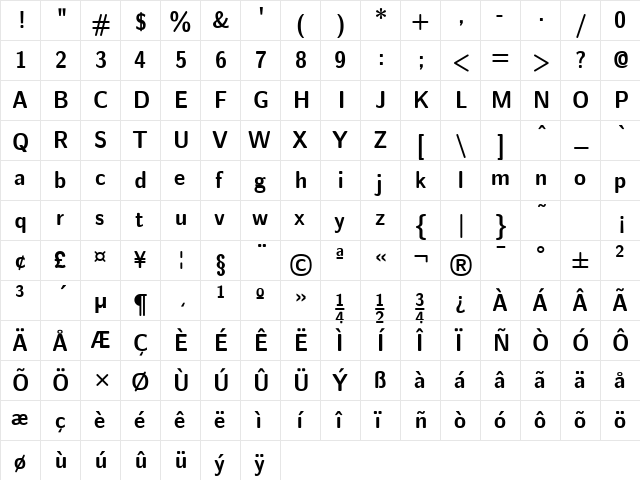 Nova Bold Regular  glyph index