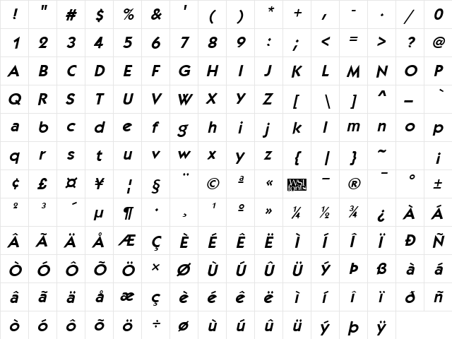 Kabob Bold Italic  glyph index