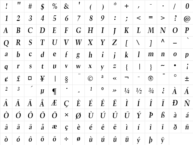 TrumpetLite BoldItalic  glyph index