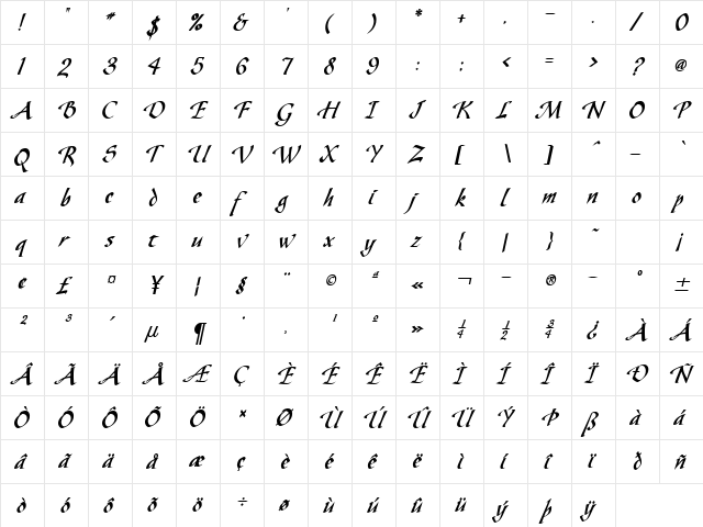 Gaze Condensed BoldItalic  glyph index