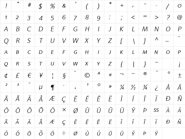 FoundrySterling-BkItalicExpert Regular  glyph index