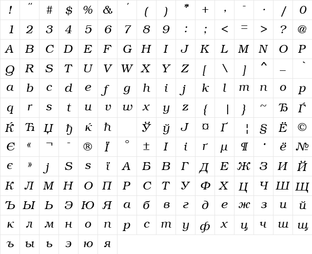 BookmanCTT Italic  glyph index