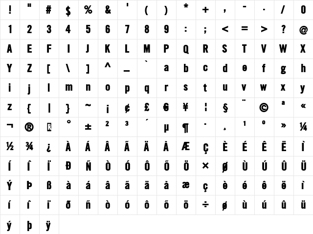 SlimSansSerif Bold  glyph index