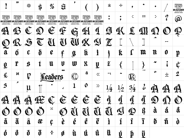 Leaders PERSONAL USE ONLY Regular  glyph index