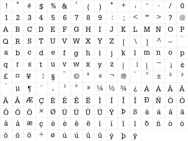Glypha 55 Roman  glyph index