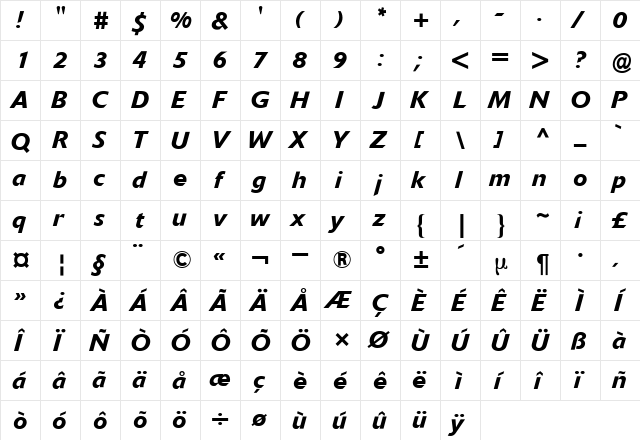 Delta BQ Italic  glyph index