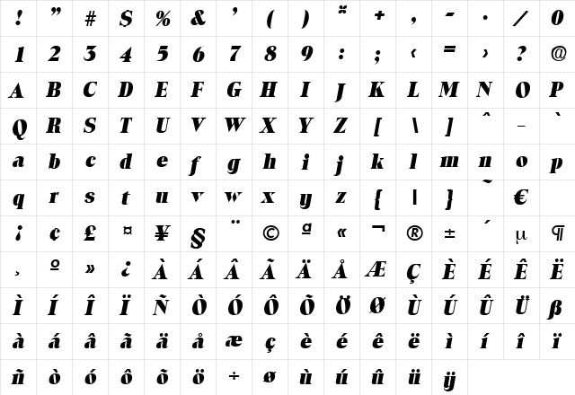 Toledo-ExtraBoldIta Regular  glyph index