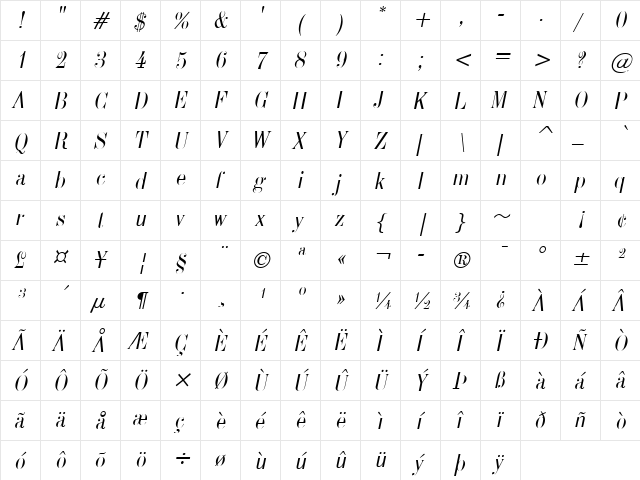 Indy 17 Italic  glyph index