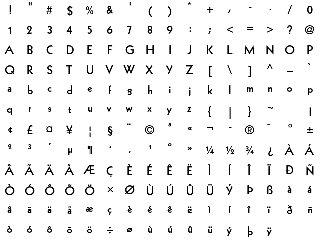 Kabel LT Std Heavy  glyph index
