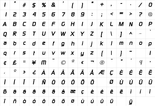 Digital Bold Italic  glyph index