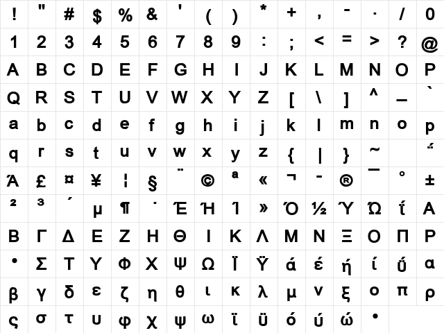 HellasArial Bold  glyph index
