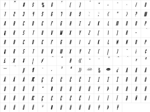 Y-Files Italic Italic  glyph index