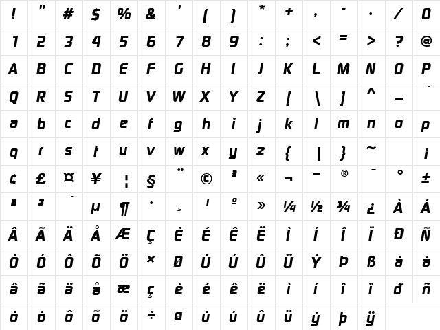 Digital Sans EF Bold Italic  glyph index