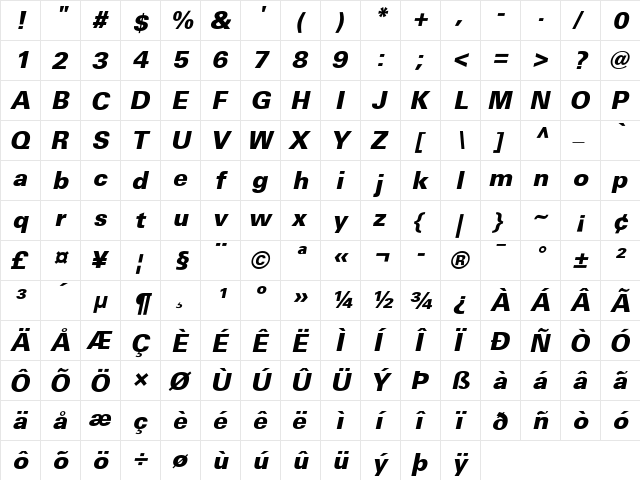 Univers 55 Bold Italic  glyph index