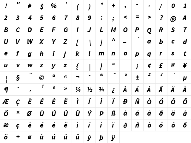 Source Sans Pro Bold Italic  glyph index