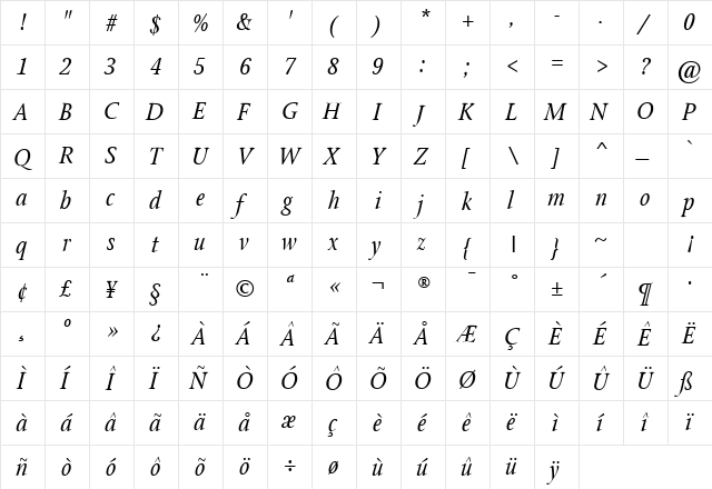 StonePrint Italic  glyph index