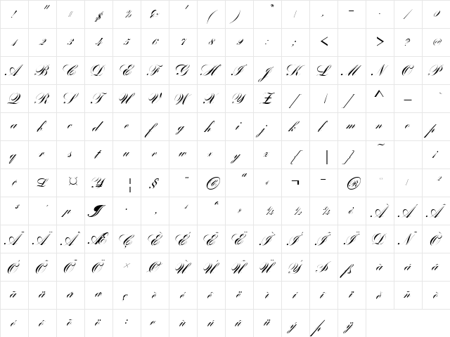 Bank Becker Script Regular  glyph index